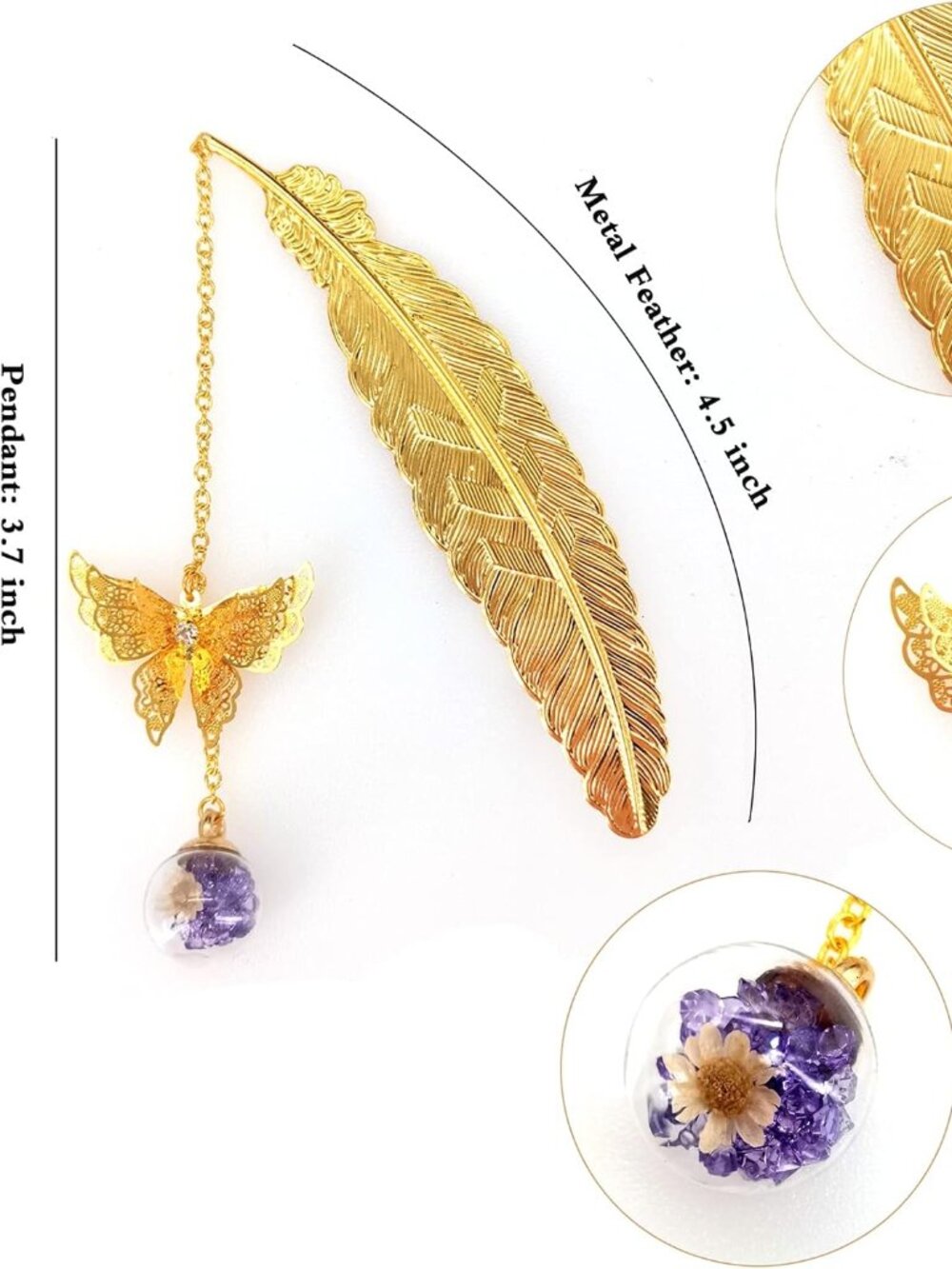 Metal Feather Bookmark, Vintage Book Marks with 3D Butterfly  Mother's Day GIFT - Picture 4 of 7